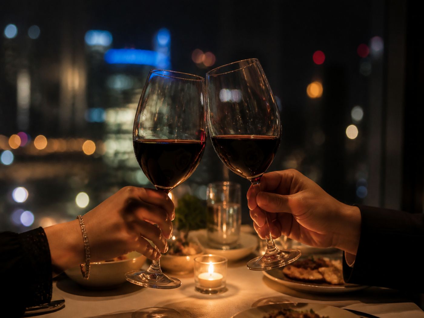 Two hands holding wine glasses over a restaurant table